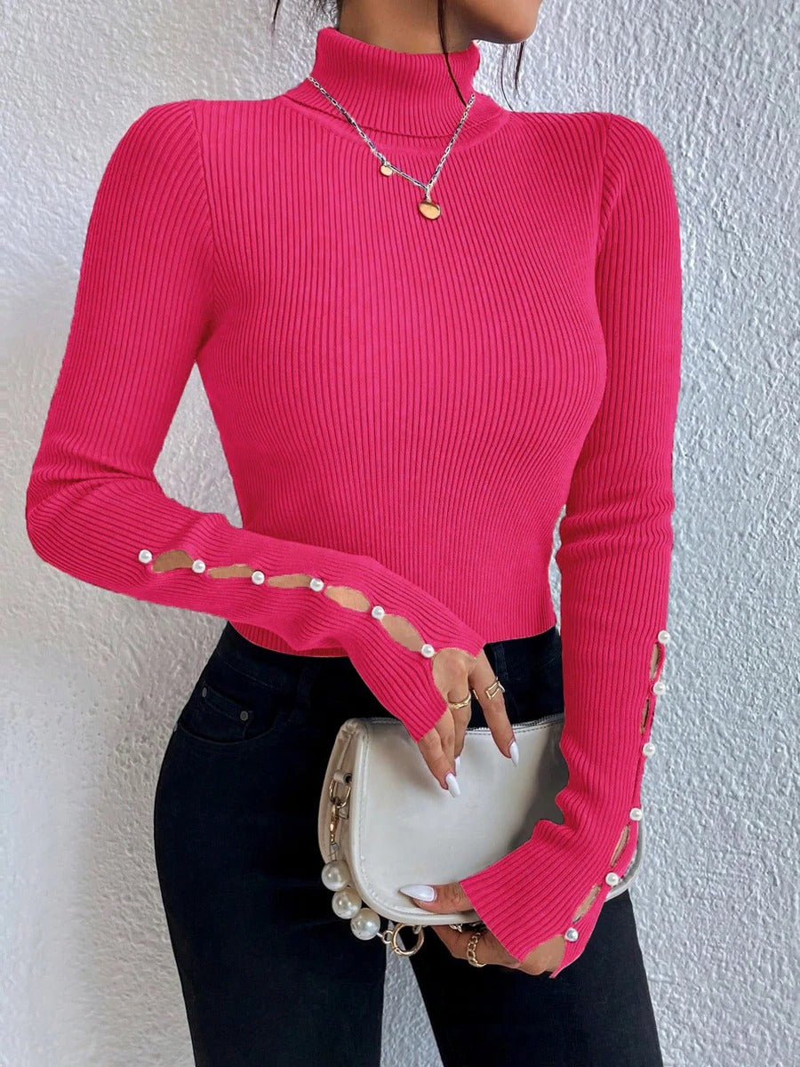 SerenaWardrobe Pearl Accent  - Women's Turtleneck Sweater